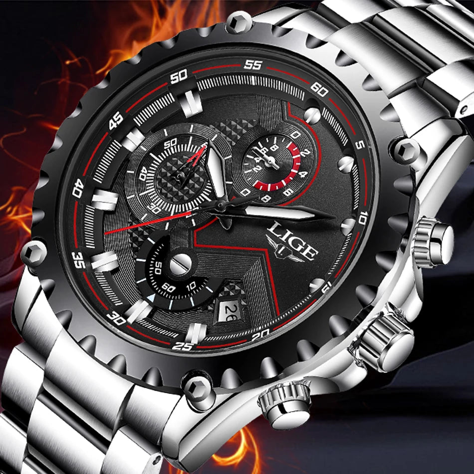LIGE Men’s Watch – Trendy quartz watch, luxury brand, all-steel, professional style, water-resistant and sporty – Supplied with box