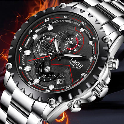 LIGE Men’s Watch – Trendy quartz watch, luxury brand, all-steel, professional style, water-resistant and sporty – Supplied with box