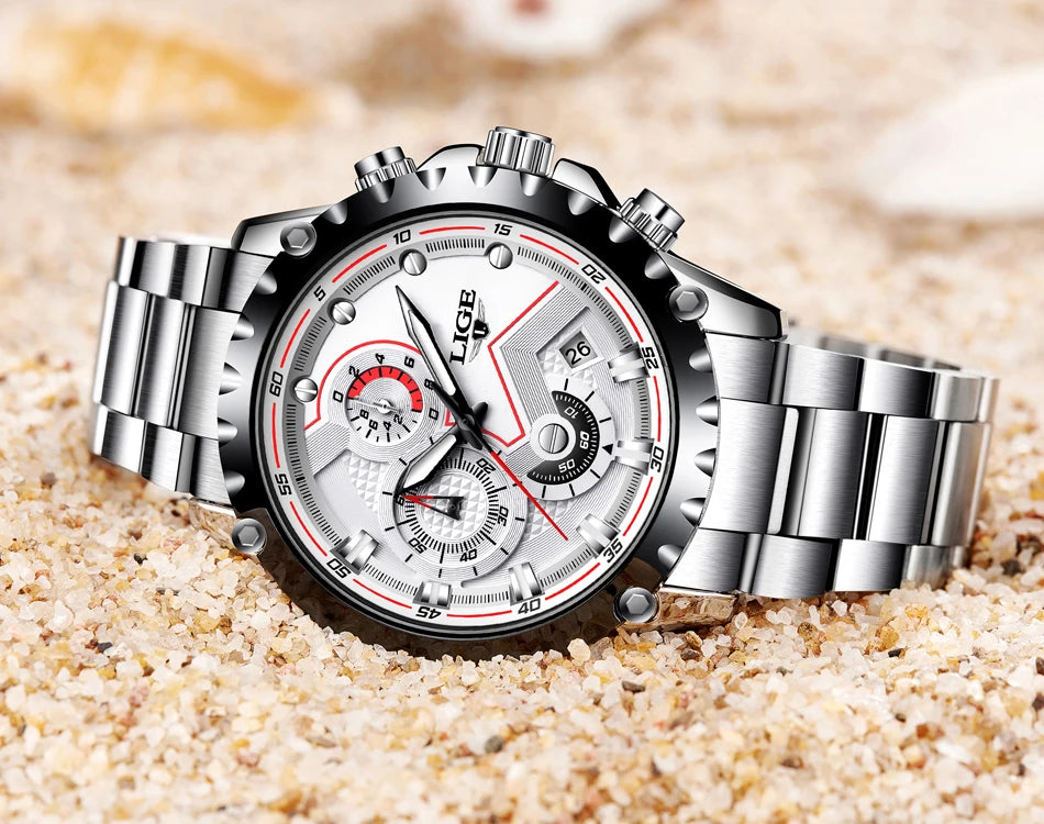 LIGE Men’s Watch – Trendy quartz watch, luxury brand, all-steel, professional style, water-resistant and sporty – Supplied with box