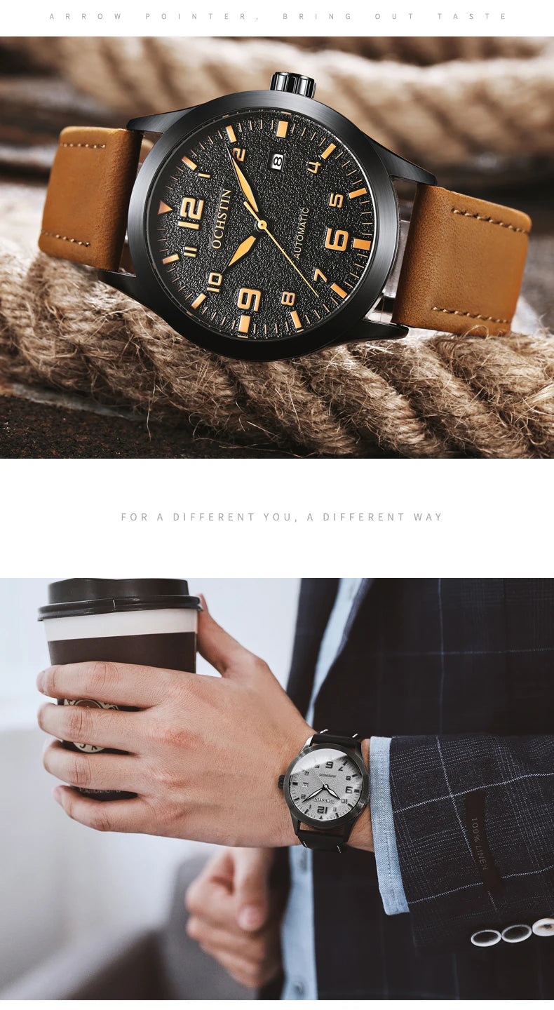 OCHSTIN Man Mechanical Pilot Wrist Watches Luxury Self Wind Leather Mechanic Male Clock Auto Date Relogio Masculino Gift for Men