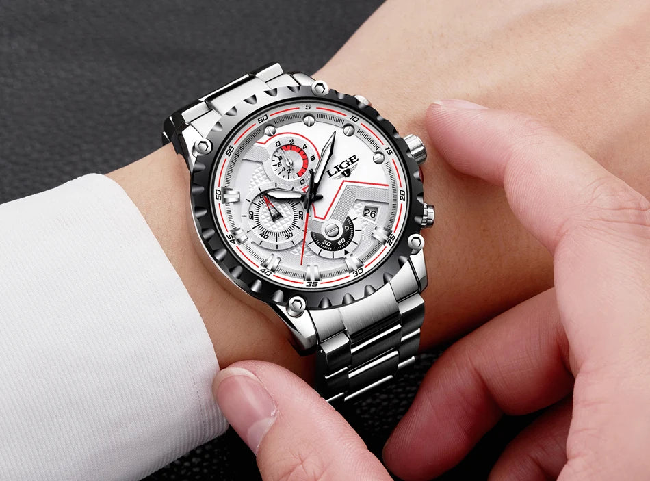 LIGE Men’s Watch – Trendy quartz watch, luxury brand, all-steel, professional style, water-resistant and sporty – Supplied with box