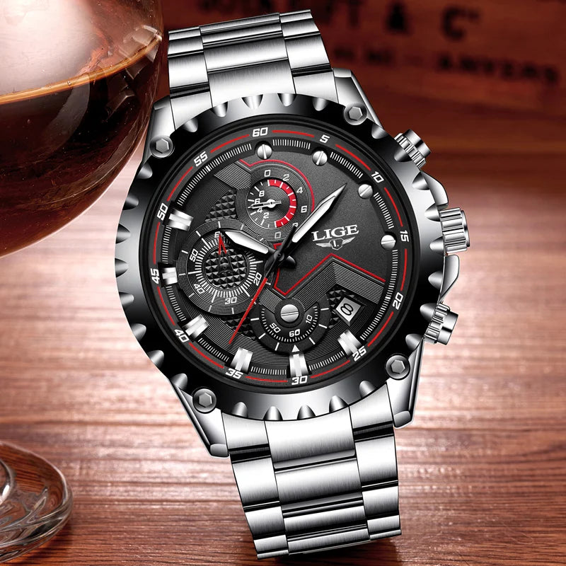 LIGE Men’s Watch – Trendy quartz watch, luxury brand, all-steel, professional style, water-resistant and sporty – Supplied with box