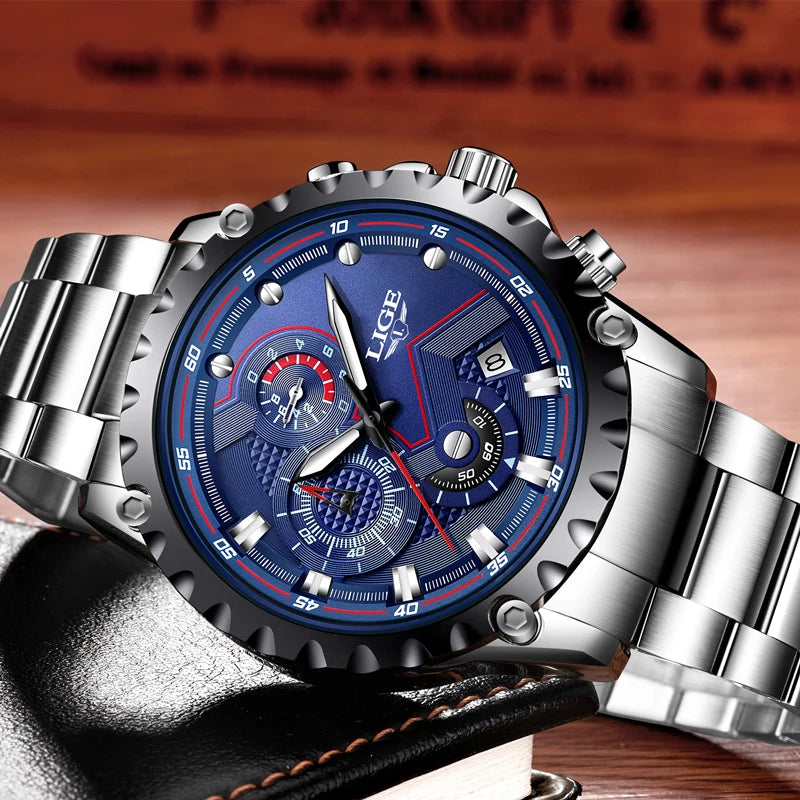 LIGE Men’s Watch – Trendy quartz watch, luxury brand, all-steel, professional style, water-resistant and sporty – Supplied with box