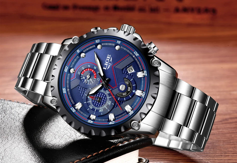LIGE Men’s Watch – Trendy quartz watch, luxury brand, all-steel, professional style, water-resistant and sporty – Supplied with box