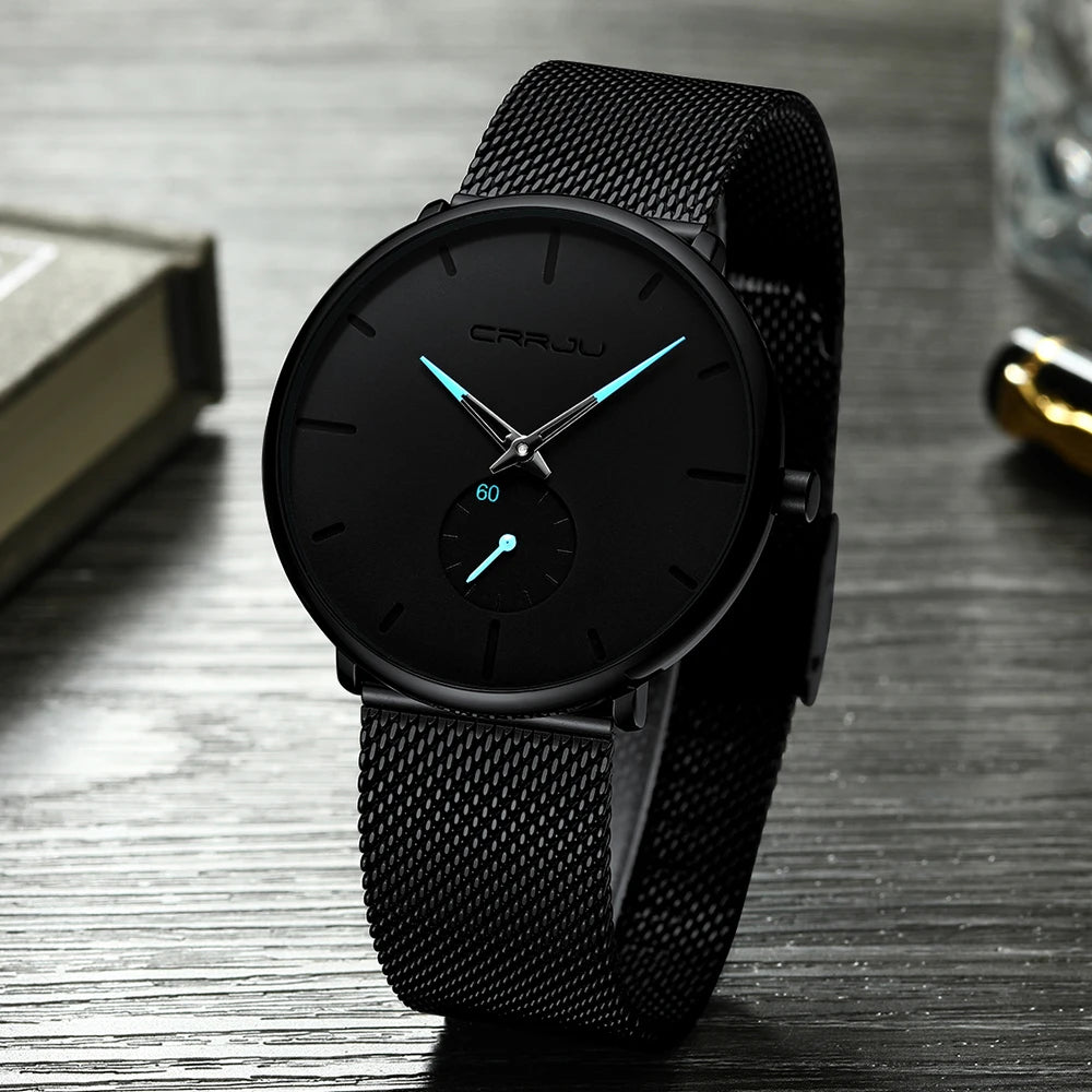 Montre pour homme CRRJU – Montre à quartz de luxe, style décontracté, fine, avec bracelet en maille d'acier, étanche et sportive.