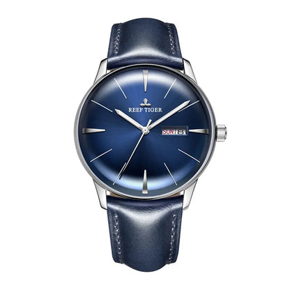 Reef Tiger/RT Luxury Dress Watch Men Genuine Leather Strap Blue Watch Automatic Mechanical Watches Waterproof Date Watch RGA8238