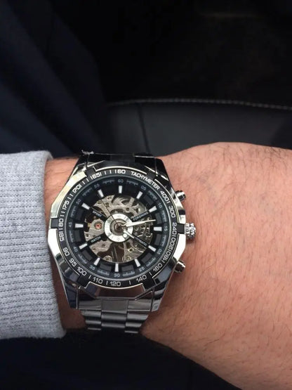 Forsining 2021 Stainless Steel Waterproof Mens Skeleton Watches Top Brand Luxury Transparent Mechanical Sport Male Wrist Watches