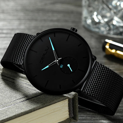 Montre pour homme CRRJU – Montre à quartz de luxe, style décontracté, fine, avec bracelet en maille d'acier, étanche et sportive.