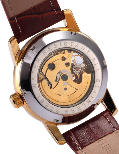 Men Wrist Watches Luxury Golden Skeleton Mechanical Steampunk Male Clock Automatic Wristwatch Leather Strap Herren Horloges