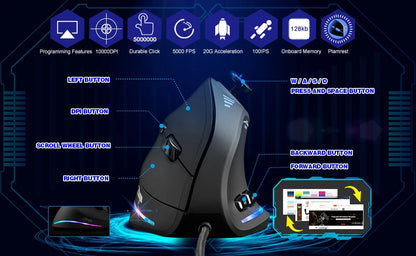 ZELOTES C18 Wired Vertical Ergonomic Gaming Mouse, 10000 DPI RGB Programmable Laser Mouse with 11 Buttons for PC Computer