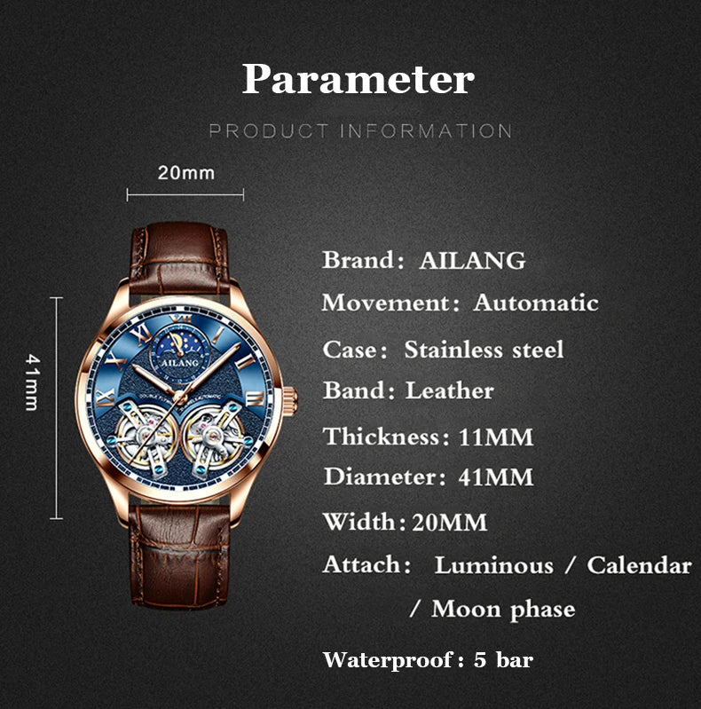 AILANG Double Tourbillon Design Business Men Mechanical Watch Fashion Leather Moon Phase Automatic Watches for Mens Reloj Hombre