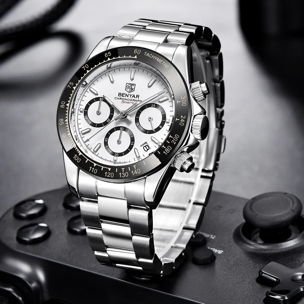 Zegarki męskie BENYAR – luksusowy chronograf, model sportowy, wodoodporny, ze stali nierdzewnej, z mechanizmem kwarcowym