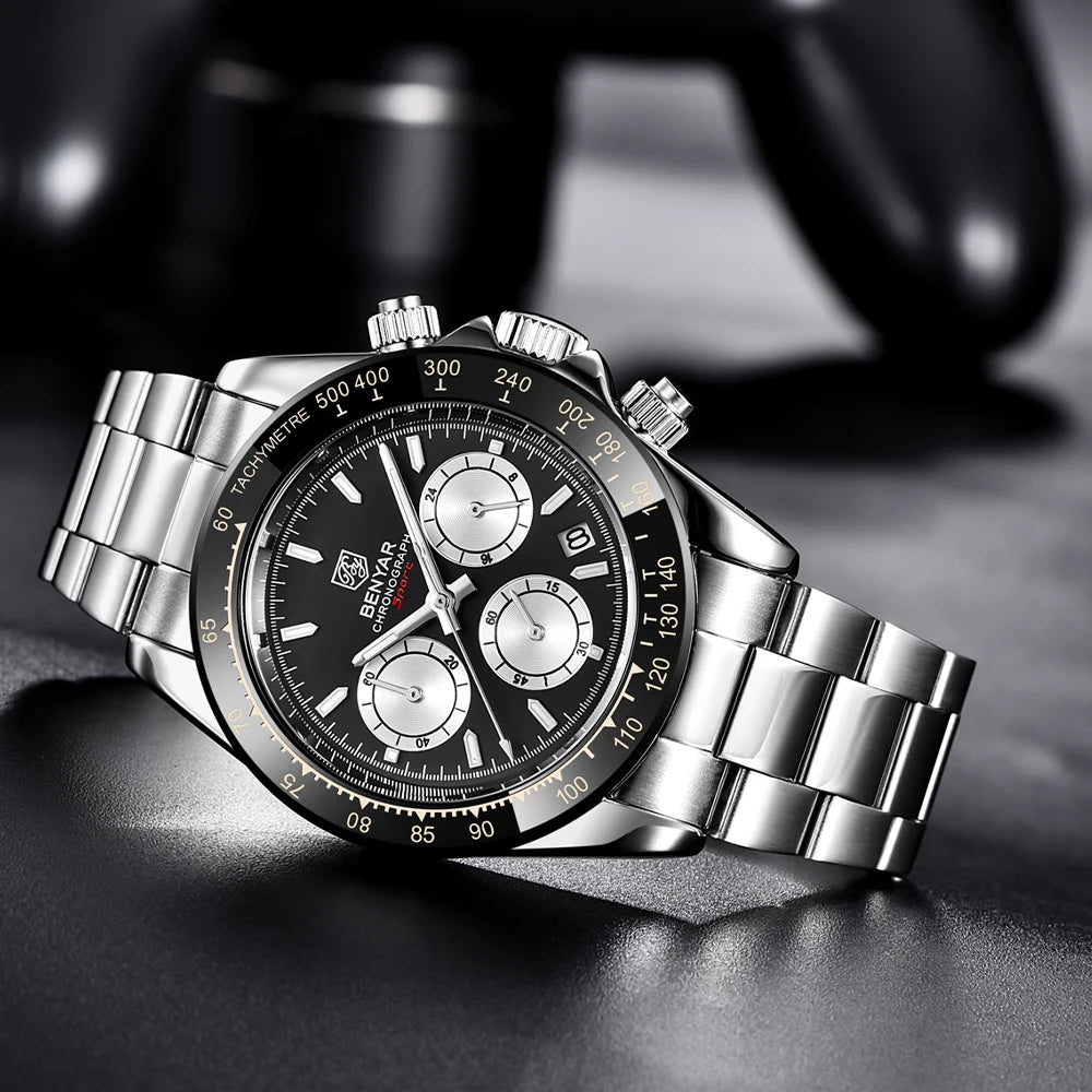 Zegarki męskie BENYAR – luksusowy chronograf, model sportowy, wodoodporny, ze stali nierdzewnej, z mechanizmem kwarcowym