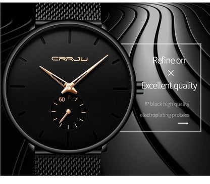 Montre pour homme CRRJU – Montre à quartz de luxe, style décontracté, fine, avec bracelet en maille d'acier, étanche et sportive.