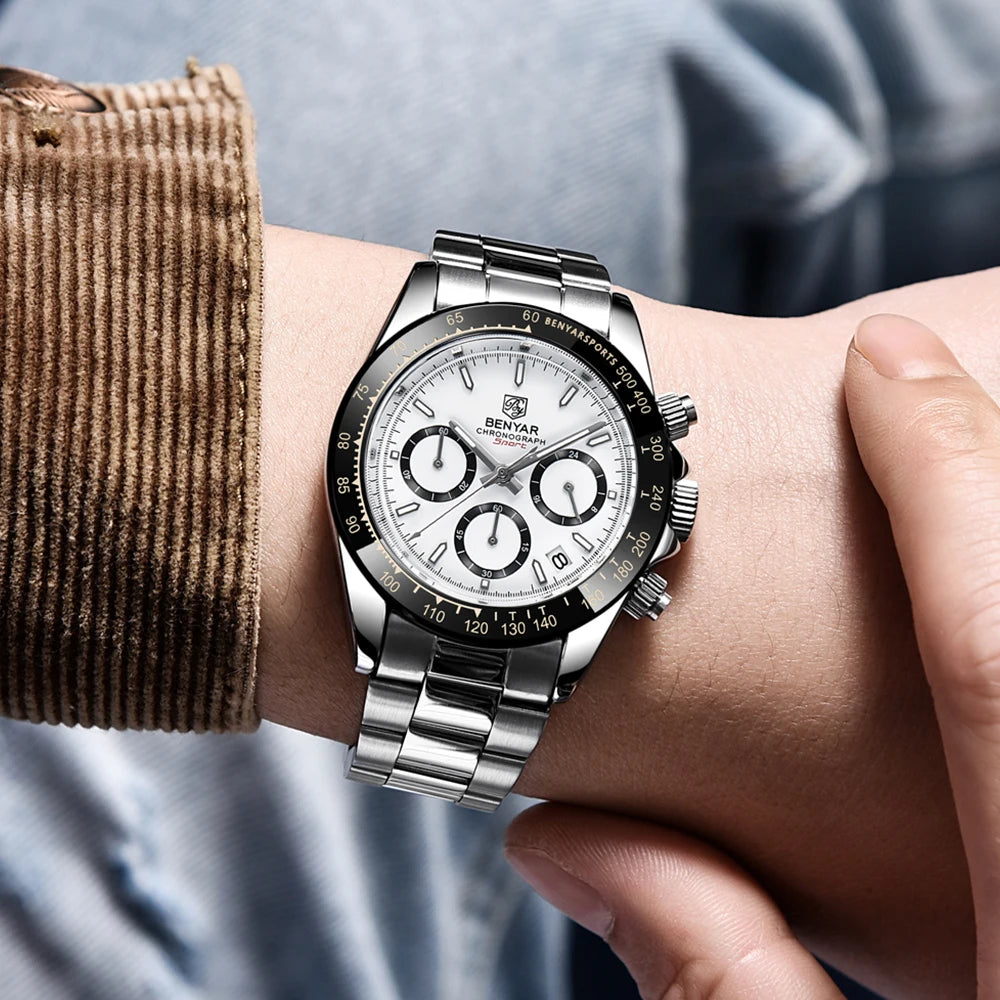 Zegarki męskie BENYAR – luksusowy chronograf, model sportowy, wodoodporny, ze stali nierdzewnej, z mechanizmem kwarcowym