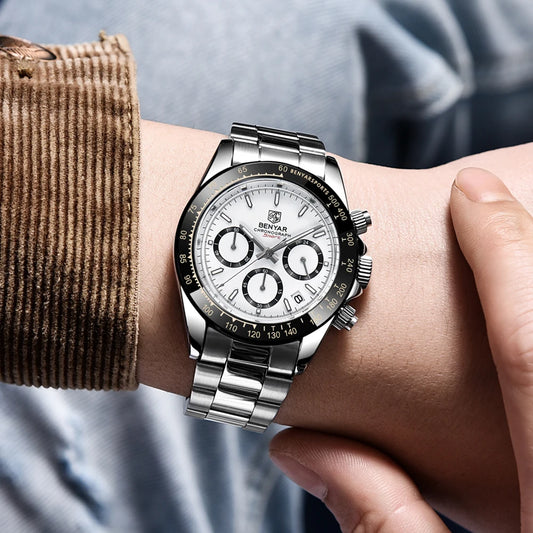 Pánské hodinky BENYAR – luxusní chronograf, sportovní model, vodotěsné, z nerezové oceli, s quartzovým strojkem