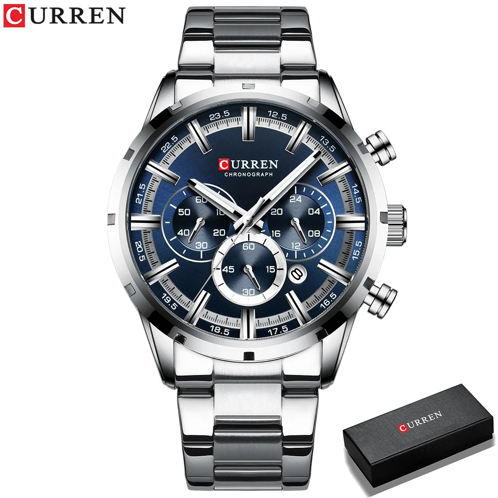 Curren Herrenuhr mit blauem Zifferblatt, Edelstahlarmband und Datumsanzeige – wasserdichte Business-Armbanduhr für Herren im Luxus-Stil