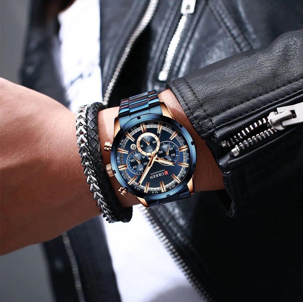 Curren Herrenuhr mit blauem Zifferblatt, Edelstahlarmband und Datumsanzeige – wasserdichte Business-Armbanduhr für Herren im Luxus-Stil