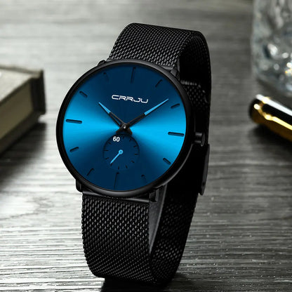 Montre pour homme CRRJU – Montre à quartz de luxe, style décontracté, fine, avec bracelet en maille d'acier, étanche et sportive.
