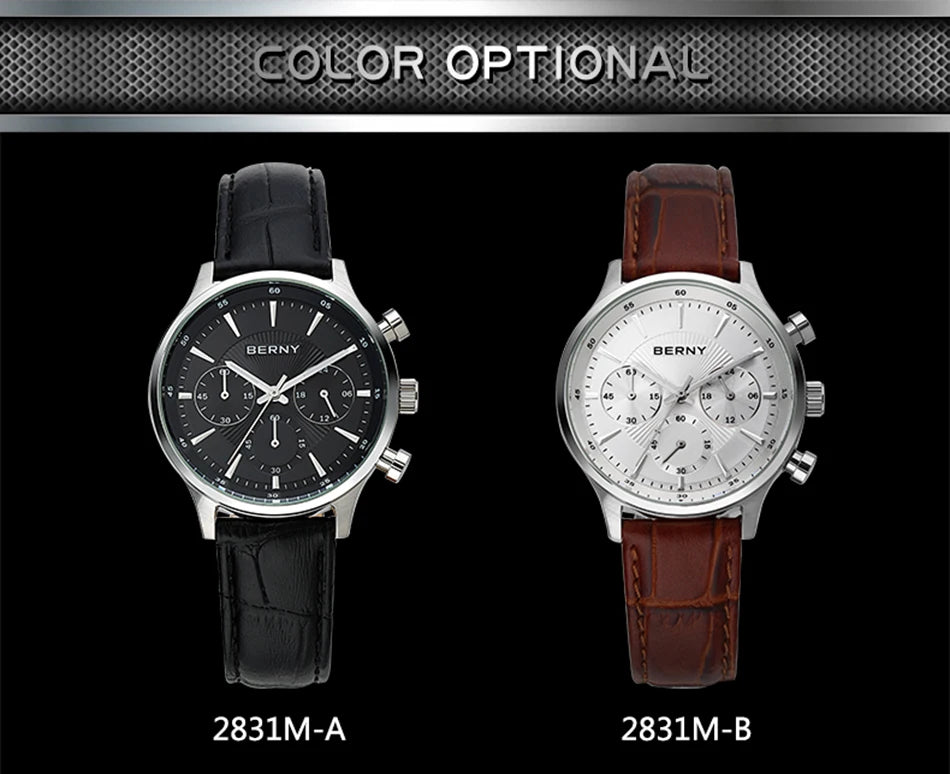BERNY 24H Chronograph Watch for Men Luxury VD54 Watches Fashion Waterproof Genuine Leather Strap Quartz Sport Men's Wristwatch