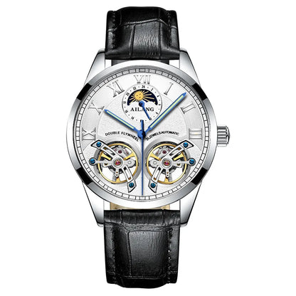 AILANG Double Tourbillon Design Business Men Mechanical Watch Fashion Leather Moon Phase Automatic Watches for Mens Reloj Hombre