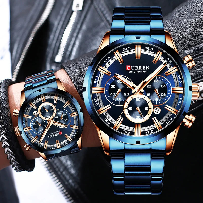 Curren Herrenuhr mit blauem Zifferblatt, Edelstahlarmband und Datumsanzeige – wasserdichte Business-Armbanduhr für Herren im Luxus-Stil