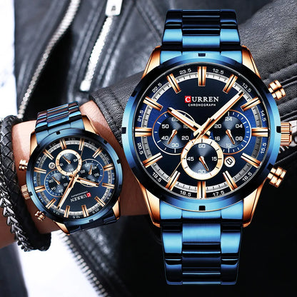 Curren Herrenuhr mit blauem Zifferblatt, Edelstahlarmband und Datumsanzeige – wasserdichte Business-Armbanduhr für Herren im Luxus-Stil