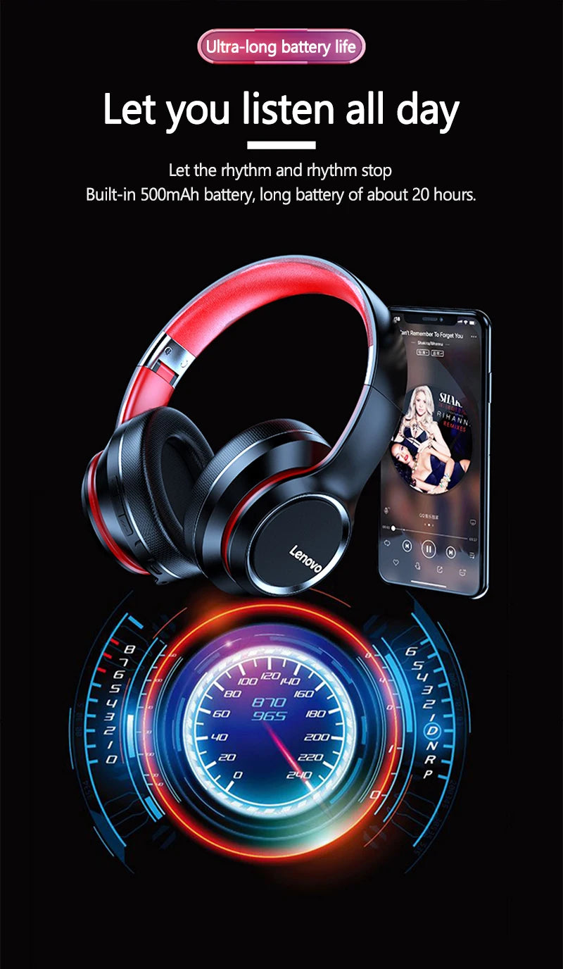Lenovo HD200 Wireless Bluetooth Over-Ear Headphones – Noise Cancelling HiFi Stereo Gaming Headset with Microphone