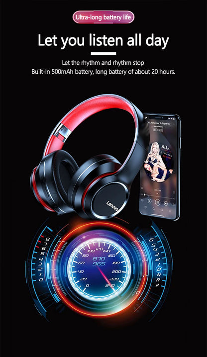 Lenovo HD200 Wireless Bluetooth Over-Ear Headphones – Noise Cancelling HiFi Stereo Gaming Headset with Microphone