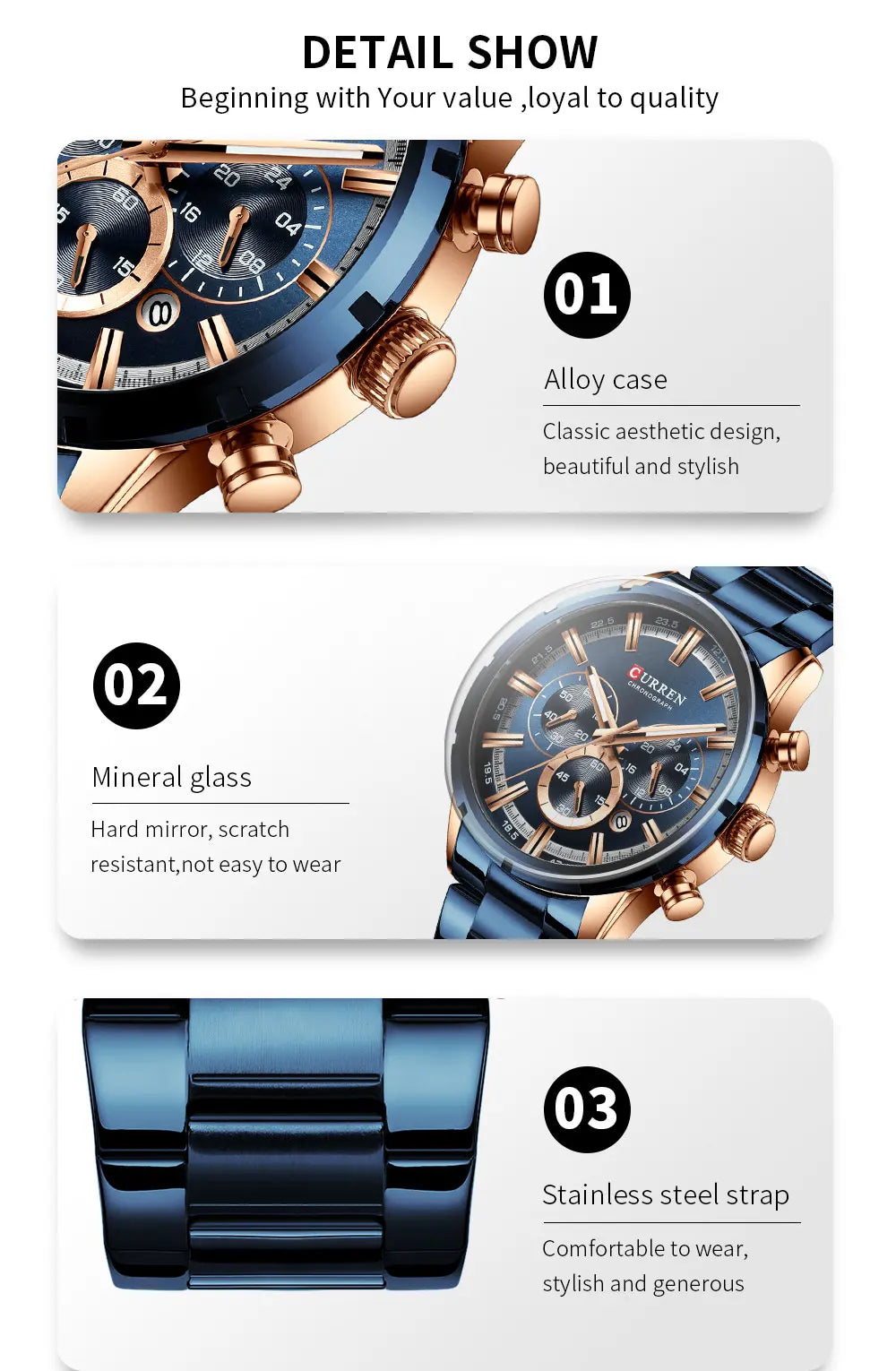 Curren Herrenuhr mit blauem Zifferblatt, Edelstahlarmband und Datumsanzeige – wasserdichte Business-Armbanduhr für Herren im Luxus-Stil