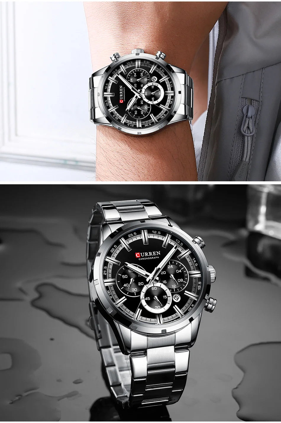 Pánské hodinky CURREN – luxusní sportovní chronograf, quartzový strojek, celonerezové, vodotěsné