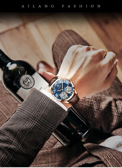 AILANG Double Tourbillon Design Business Men Mechanical Watch Fashion Leather Moon Phase Automatic Watches for Mens Reloj Hombre