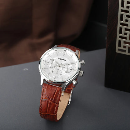 BERNY 24H Chronograph Watch for Men Luxury VD54 Watches Fashion Waterproof Genuine Leather Strap Quartz Sport Men's Wristwatch