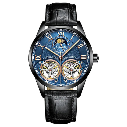 AILANG Double Tourbillon Design Business Men Mechanical Watch Fashion Leather Moon Phase Automatic Watches for Mens Reloj Hombre