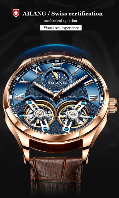 AILANG Double Tourbillon Design Business Men Mechanical Watch Fashion Leather Moon Phase Automatic Watches for Mens Reloj Hombre