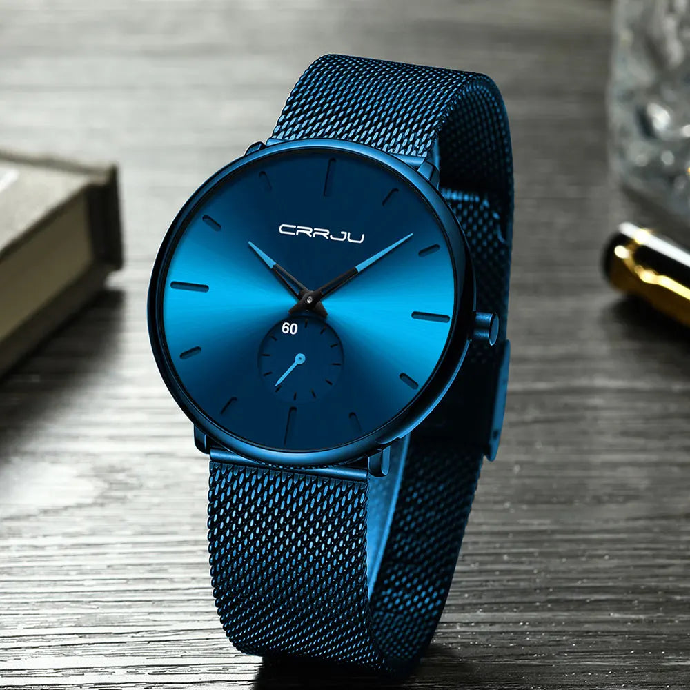 Montre pour homme CRRJU – Montre à quartz de luxe, style décontracté, fine, avec bracelet en maille d'acier, étanche et sportive.