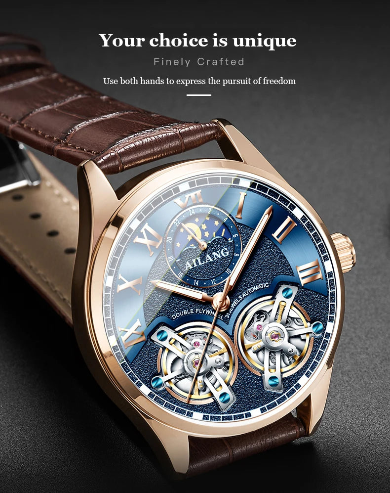 AILANG Double Tourbillon Design Business Men Mechanical Watch Fashion Leather Moon Phase Automatic Watches for Mens Reloj Hombre