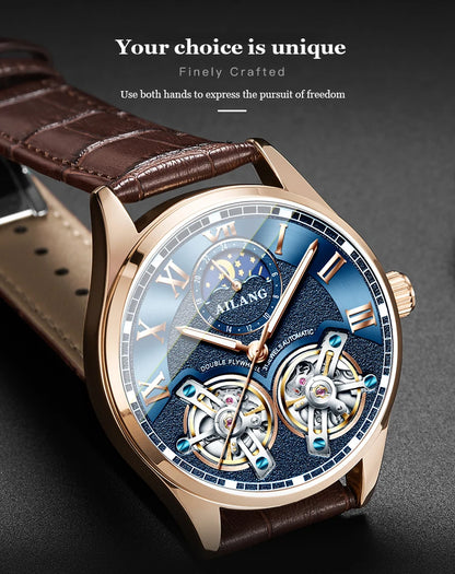 AILANG Double Tourbillon Design Business Men Mechanical Watch Fashion Leather Moon Phase Automatic Watches for Mens Reloj Hombre
