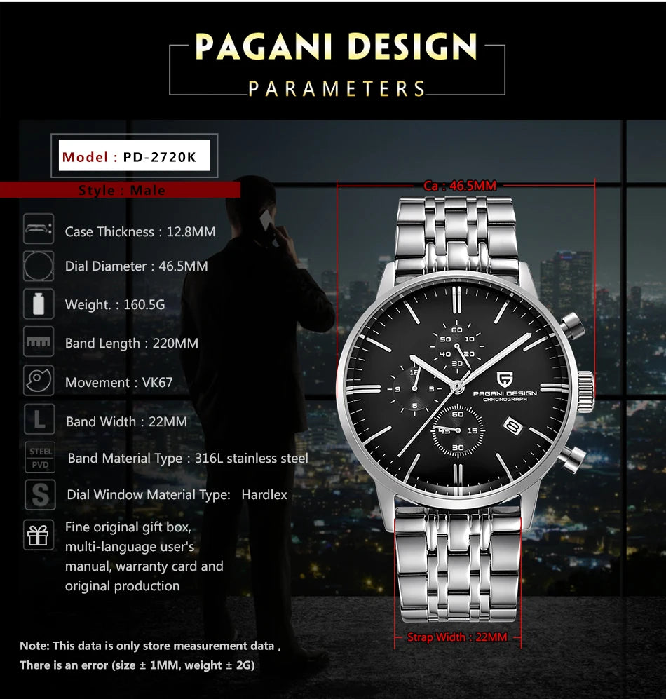 PAGANI DESIGN Men's Fashion Casual Brand Watch Waterproof 30m Luxury Leather Sports Quartz Chronograph VK67 Relogio Masculino