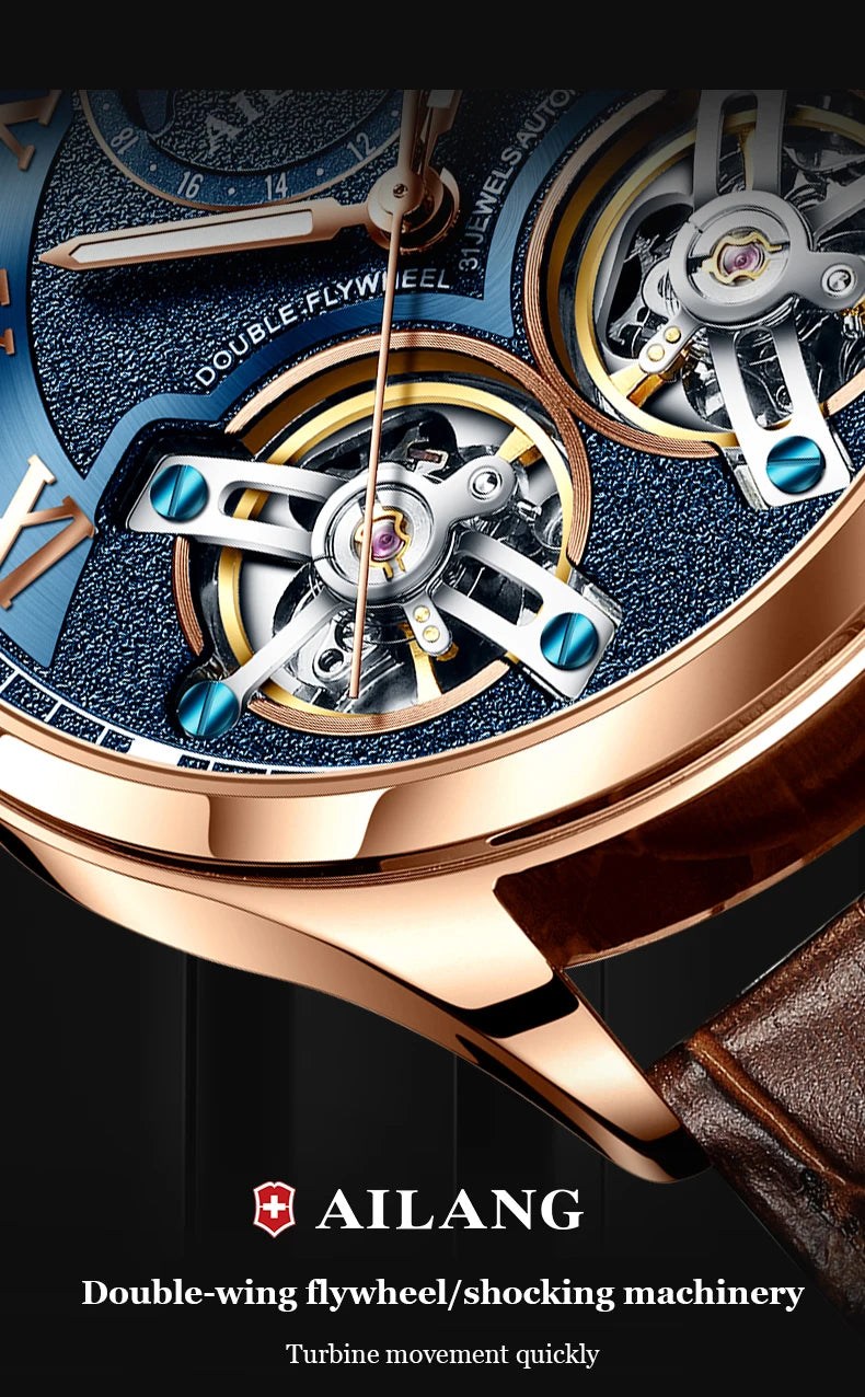 AILANG Double Tourbillon Design Business Men Mechanical Watch Fashion Leather Moon Phase Automatic Watches for Mens Reloj Hombre