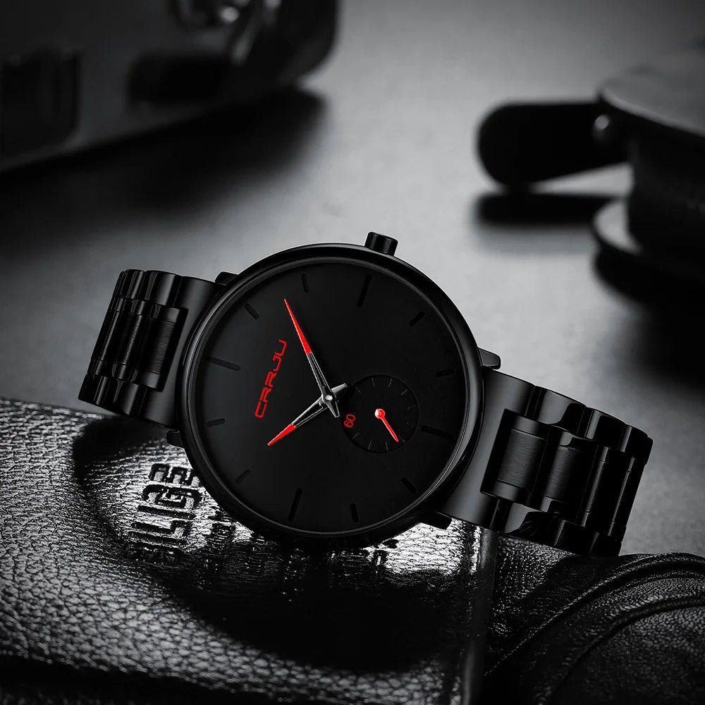 Montre pour homme CRRJU – Montre-bracelet en acier inoxydable, style décontracté et luxueux, étanche, montre de sport à quartz pour homme