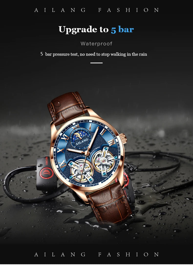 AILANG Double Tourbillon Design Business Men Mechanical Watch Fashion Leather Moon Phase Automatic Watches for Mens Reloj Hombre