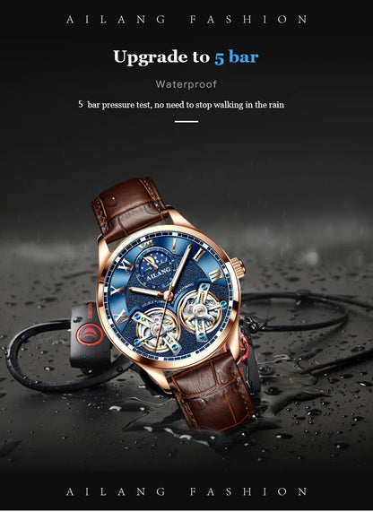 AILANG Double Tourbillon Design Business Men Mechanical Watch Fashion Leather Moon Phase Automatic Watches for Mens Reloj Hombre