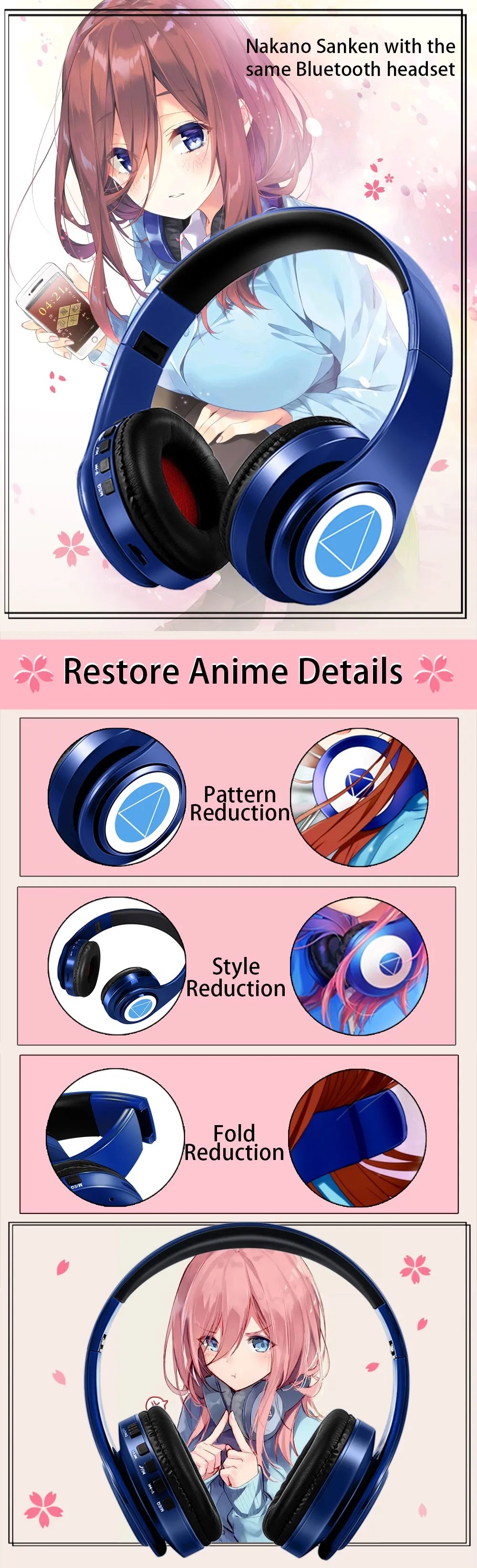 Miku Nakano Sanjiu Bluetooth 5.0 Over-Ear Anime Headphones – Wireless Stereo Gaming Headset with Deep Bass, Microphone & TF Card Support