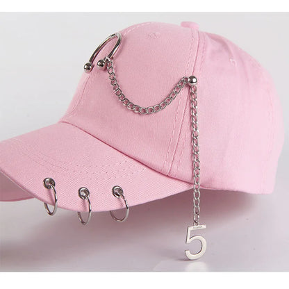 Modische Hip-Hop-Baseballkappe aus Baumwolle, kreative Piercing-Ring-Kappen, Punk, lässig für Erwachsene, einfarbig, verstellbar, Unisex-Mütze, Snapback-Kappen