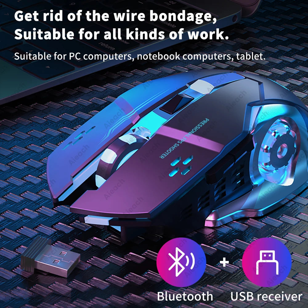 Rechargeable Wireless Gaming Mouse Bluetooth Silent Computer Mouse with RGB Backlight, USB Dual Mode, 6 Buttons, Adjustable DPI for PC, Laptop & Gaming