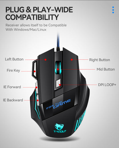 USB Wired Gaming Mouse RGB 2400 DPI Ergonomic Optical Mouse with 7 Buttons, RGB Backlit USB Wired Gaming Mouse for PC, Laptop & Office