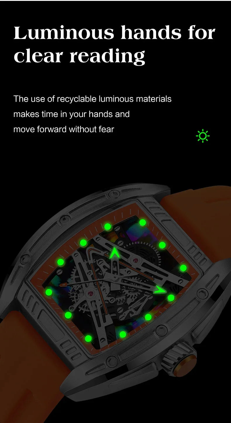2026 Men's Automatic Mechanical Watch with Stainless Steel Case Silicone Band Skeleton Dial Waterproof Sport Wristwatch
