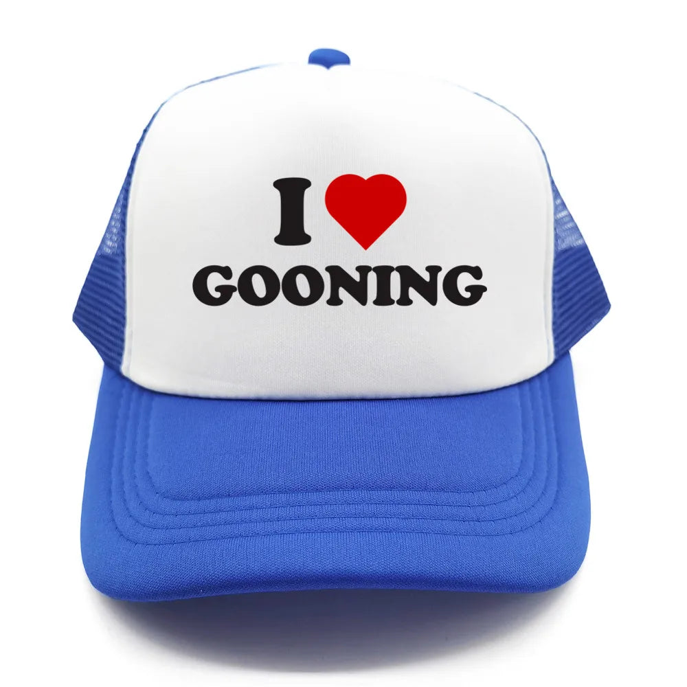 Sjove „I Love Gooning“-baseballkasketter – Cool sommerhat til mænd i netstof – Humoristisk truckerkasket – Unisex udendørs kasketter i netstof – MZ-080