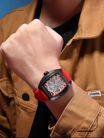 2026 Men's Automatic Mechanical Watch with Stainless Steel Case Silicone Band Skeleton Dial Waterproof Sport Wristwatch